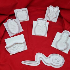 Könnte beinhalten: Set mit 7 weißen Plastik-Ausstechern in Form verschiedener Körperteile. Die Ausstecher liegen auf einer roten Oberfläche.