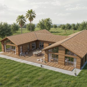 May include: An aerial view of a modern, wooden house with a brown roof and large windows. The house is surrounded by green grass, trees, and palm trees. A table and chairs are set up on the deck. A bicycle is parked near the house.