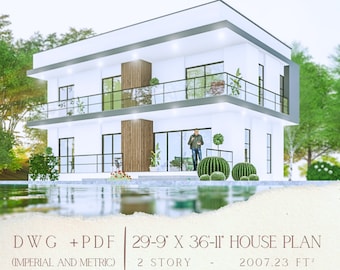 May include: A white two-storey house with a swimming pool in front. The house has large windows and a modern design. The text on the image reads "DWG +PDF 29-9" X 36-11" HOUSE PLAN (IMPERIAL AND METRIC) 2 STOREY - 2007.23 FT²".