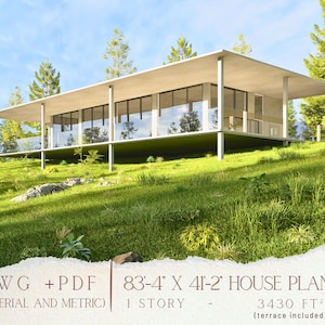 Haus Plan, Modernes Offenes Konzept mit Terrasse, 2 Schlafzimmer Haus Design 1 Geschichte, Architekturzeichnungen Sofortiger Download PDF CAD
