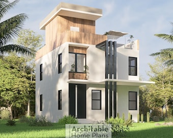 Modern 3-Story House Plan: 3 Bedroom Villa with Roof Terrace (CAD & PDF Blueprint Download)