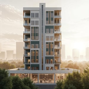 May include: A contemporary apartment block with a light grey facade and teal detailing. The building features numerous balconies and large windows. The image is captured in daylight with soft, natural lighting, and the building is surrounded by trees.
