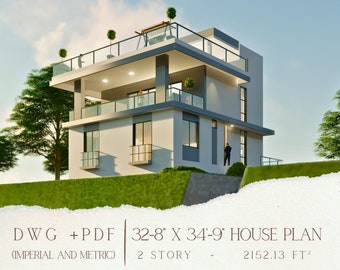 Modern Villa Plan: 5 Bedroom House Design (Digital, CAD File) - Blueprint