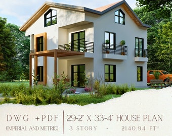 May include: A white three-story house with a wooden pergola and black windows. The house is 29 feet 2 inches by 33 feet 4 inches and has a total area of 2140.94 square feet. DWG + PDF (IMPERIAL AND METRIC) 3 STORY - 2140.94 FT²