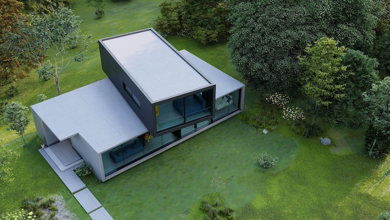 Modern Villa Plan: Concrete & Steel Architectural Blueprint with Floor image 7