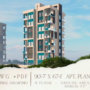 Apartment Plan, 2 Bedroom 2 Unit Building, 9 Story, Architectural Drawings CAD + PDF Files