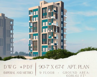 Apartment Plan, 2 Bedroom 2 Unit Building, 9 Story, Architectural Drawings CAD + PDF Files