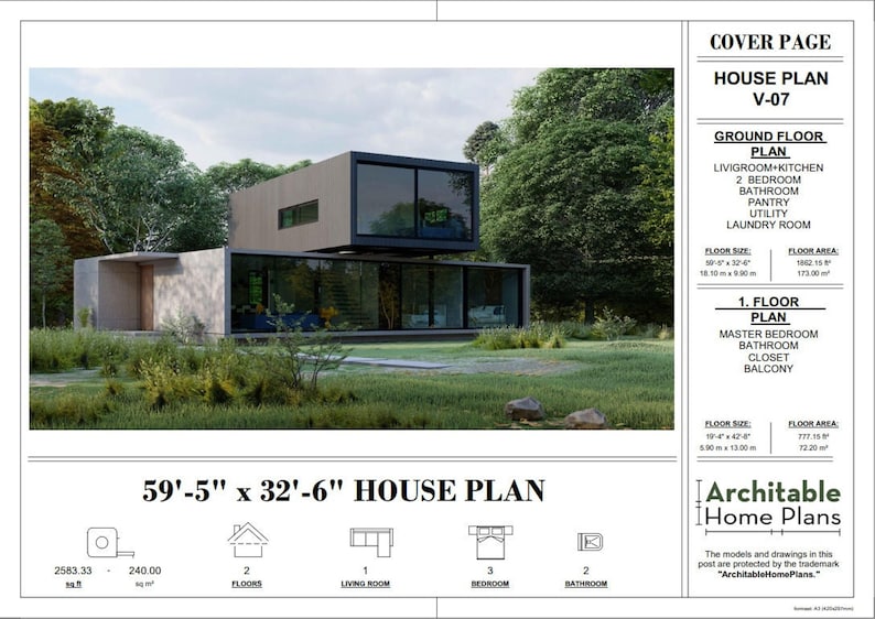 Modern Villa Plan: Concrete & Steel Architectural Blueprint with Floor image 2