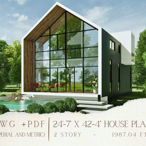 Huisplattegronden Cottage A, huisplan Tiny Cabin, gratis CAD-bestand, imperiale metrische eenheden, plattegrond huis, bouwtekeningen