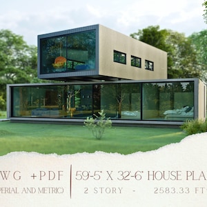 A two-story modern house with a concrete base and a cantilevered upper level, surrounded by green grass and trees, with text overlay "DWG + PDF 59'-5" X 32'-6" HOUSE PLAN 2 STORY 2583.33 FT2".