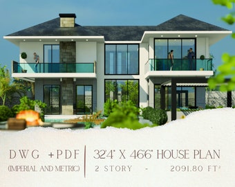 May include: A two-story house plan with a modern design. The plan includes a pool and a patio. The text on the image reads "DWG + PDF (IMPERIAL AND METRIC) 324' X 46'6" HOUSE PLAN 2 STORY - 2091.80 FT²".
