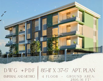 Apartment Plan, 3 Bedroom Flat House 4 Story  -  Modern Building Layout - 85&#39;11&quot; x 37&#39;5&quot; - Residential Design - CAD & PDF File Architectural