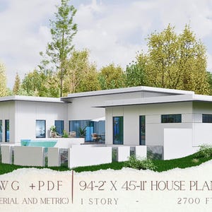 Modernes Haus Grundriss mit Garage, 2 Schlafzimmer Offenes Konzept Luxus Haus 1-Stöckig mit Pool & Home Office PDF DWG Architekturdateien