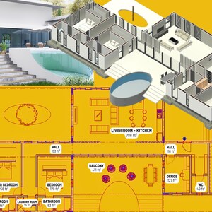 Plattegrond kantoor: modern huisontwerp met garage, zwembad, werkplek | Kant-en-klare architecturale pdf- en dwg-bestanden