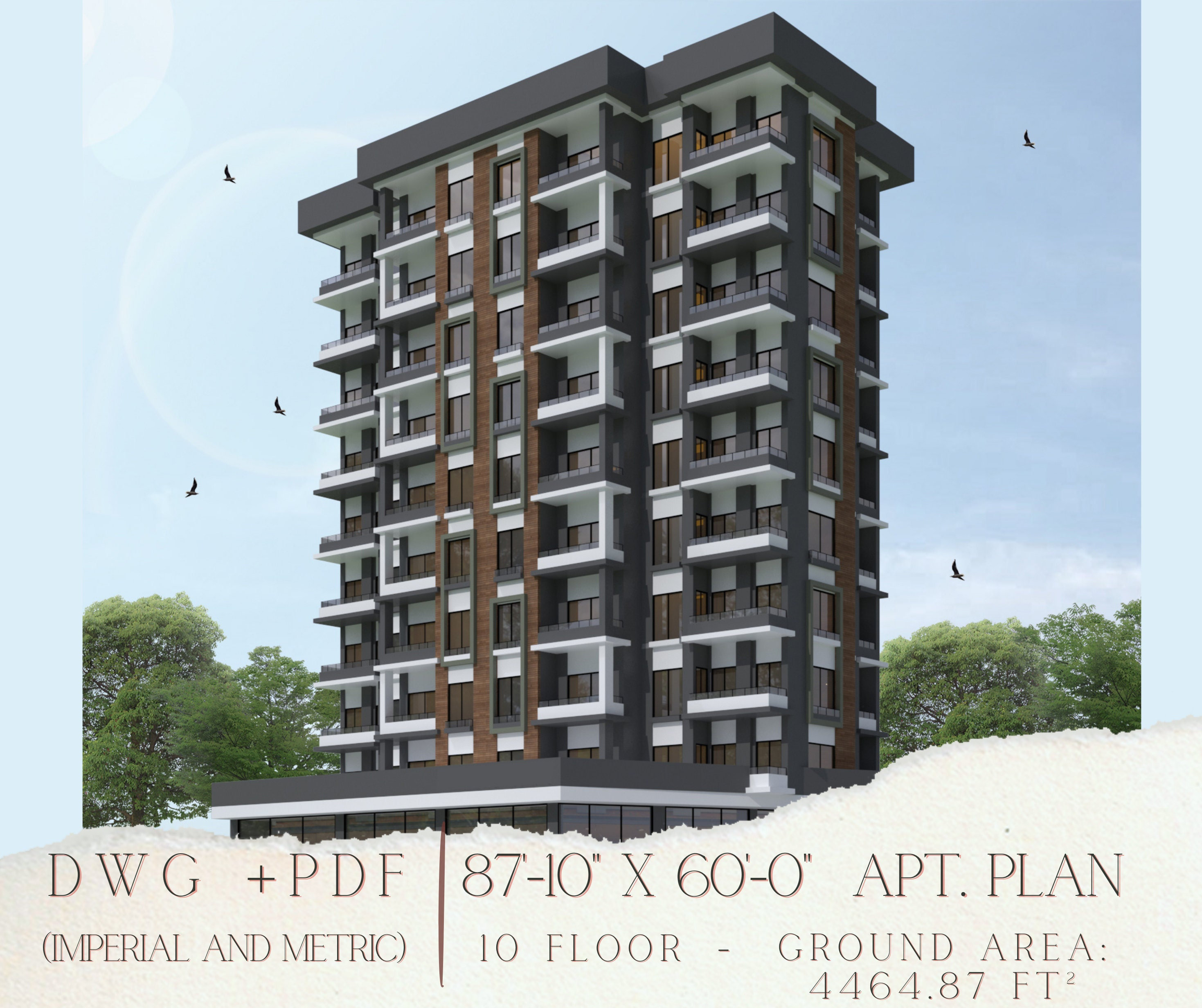 Apartment  Plan, 2 Bedroom 3 Unit Building, 10 Story Architectural Drawings, Customizable House DWG & PDF