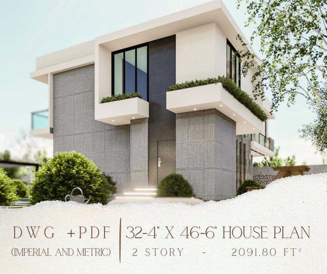 Modern 2-story House Plan: Blueprint \u0026 DWG Files (imperial + Metric) - 2000  Sq. Ft. - Etsy, image size:1080x905