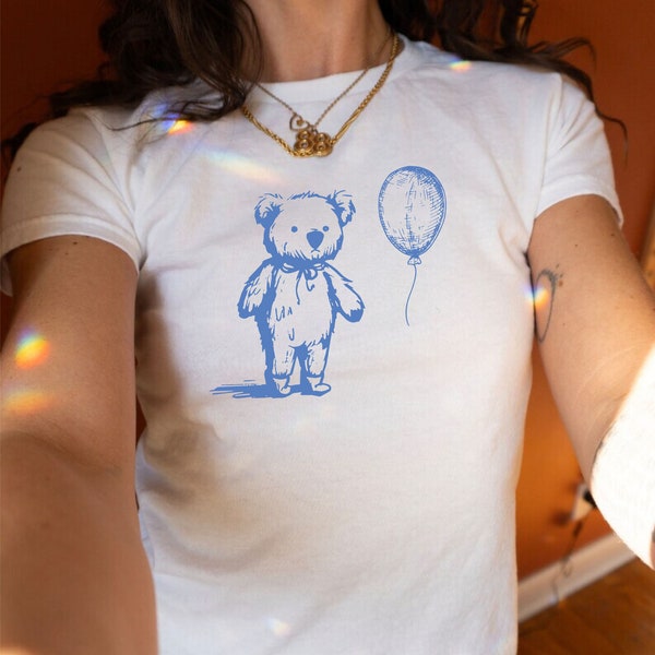 Cute Vintage Bear With Balloon Graphic Women's Baby Tee | Cute Trendy Baby Tee | Vintage Y2K Style | Retro Teddy Bear T-Shirt