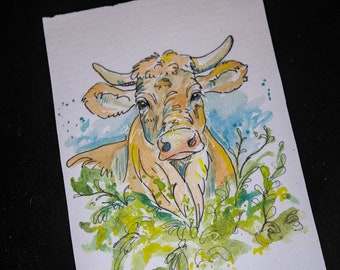 Cow watercolor - framed - animal portrait