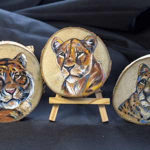 Peintures sur bois - Trio de félins - lionne - tigre - guépard