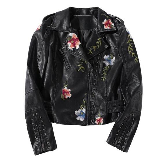 Women Retro Floral Print Embroidery Faux Soft Leather Jacket Coat Turndown  Collar Pu Black Punk Outerwear Women Winter Jacket