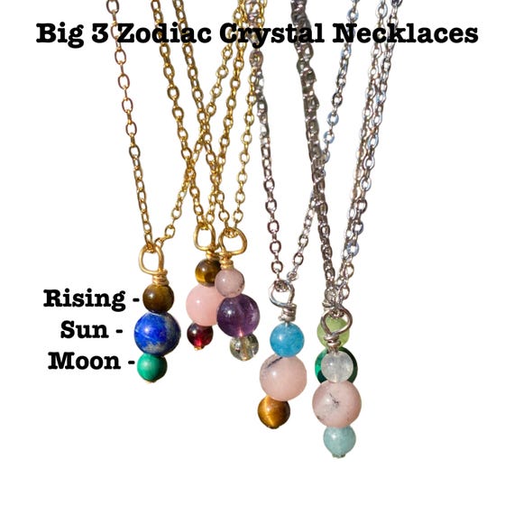 Big 3 zodiac crystal necklace sun moon rising natal birth chart Scorpio Sagittarius Capricorn Taurus cancer Gemini Virgo Libra manifestation