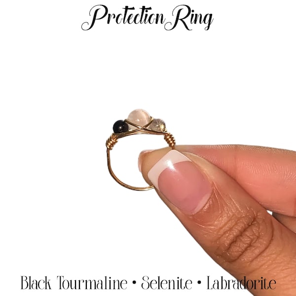 Anillo de protección con cristales para limpieza del aura, protección y protección, selenita negra, turmalina y labradorita.