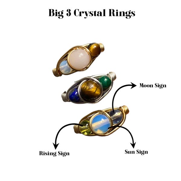 Zodiac Crystal Ring Big 3 Sun Moon Rising handmade silver gold plated
