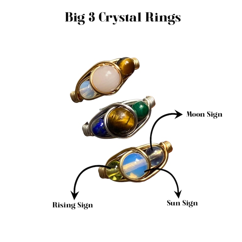 Zodiac Crystal Ring Big 3 Sun Moon Rising handmade silver gold plated bild 1