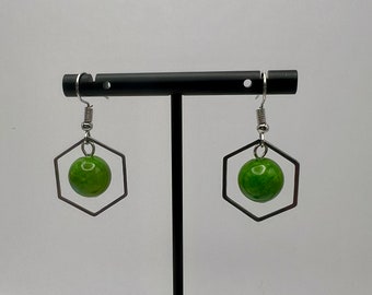 Green Glass Bead Earrings on Polygon Stainless Steel Shape