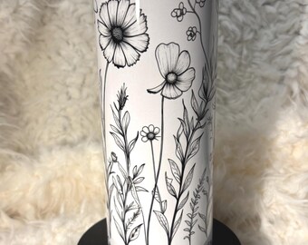 Inspirational 20oz Tumbler - Grow Positive Thoughts - Black and White Flowers