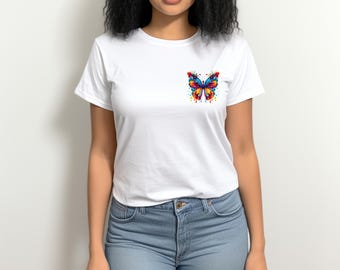 Colorful Butterfly Pocket T-Shirt, Artistic Graphic Tee, Short Sleeve Unisex Shirt, Nature Inspired Gift