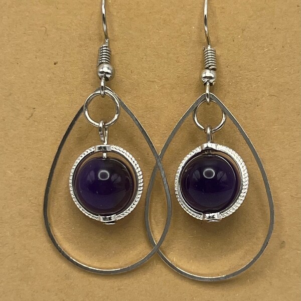 Violet Agate Earrings- Teardrop shape-silvertone metal design