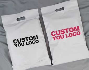 100 piece Custom with  logo on 1 side White poly mailer bag with Handle,  Shipping Bag, Garment Bag, Plastic Bag, Gift Bag