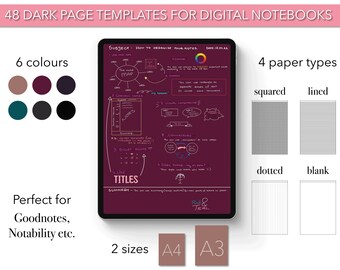 May include: A digital notebook template design with 48 dark page templates for digital notebooks. The image shows 6 different colours, 4 paper types, and 2 sizes. The paper types include squared, lined, dotted, and blank. The sizes are A4 and A3. The image also includes the text "SUBJECT: How to organise your notes. DATE: 12.12"