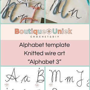 Op de afbeelding: Een printbare alfabetsjabloon voor gebreide draadkunst. De sjabloon heeft een cursief lettertype met stippellijnen om het draadbreien te begeleiden. De afbeelding toont voorbeelden van de letters A, a, B, M, m, J, H, h, K, O, o en W.