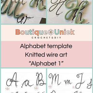 Może przedstawiać: Drukowany szablon alfabetu do robienia na drutach z drutu. Szablon zawiera czcionkę kursywną z dużymi i małymi literami. Pokazane są litery A, a, B, M, m, J, j, H, h, K, O, o, U i w.