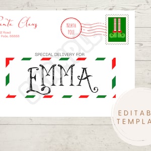 Correo de Navidad de Santa, Plantilla de sobre editable, Carta de Santa, Sobre personalizable, Navidad para niños, Correo de Santa