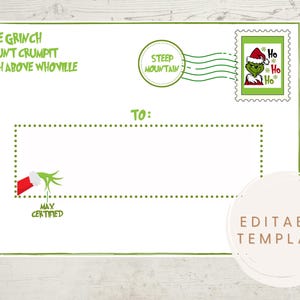 The Grinch-envelopsjabloon, bewerkbaar, aanpasbaar, kerst voor kinderen, Grinch Mail