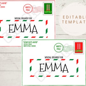 Correo de elfo de Navidad, plantilla de sobre de Navidad editable, ideas de Navidad para niños, sobre personalizable, correo de elfo