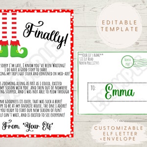 Plantilla de sobre y correo de duende navideño, LLEGADA TARDÍA, editable, personalizable, carta de duende, carta de duende con llegada tardía