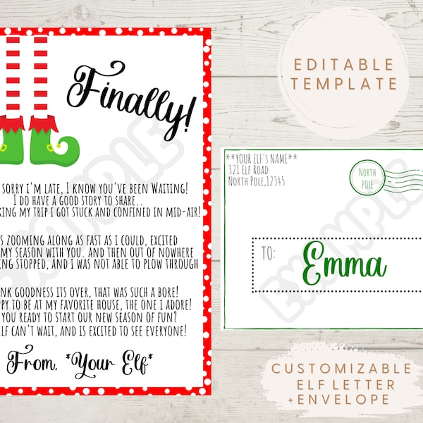 Christmas Elf Mail and Envelope Template, LATE ARRIVAL, Editable, Customizable, Elf Letter, Late Elf Arrival Letter