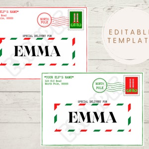Correo de elfo de Navidad, plantilla de sobre editable, Navidad para niños, sobre personalizable, correo de elfo