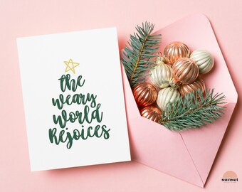 Tarjeta de Navidad cristiana, El mundo cansado se regocija, Oh Noche Santa, Tarjeta de Navidad imprimible moderna, Descarga digital