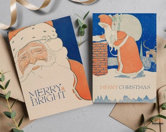 Paquete de tarjetas de Navidad vintage, tarjeta imprimible antigua de Papá Noel, feliz y brillante, descarga digital