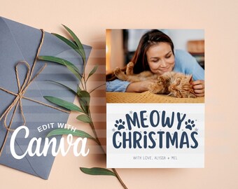 Tarjeta navideña Meowy, personalizable, editable en Canva, descarga instantánea