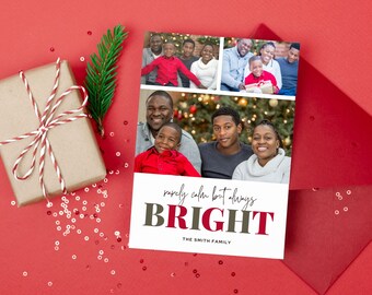 Rara vez tranquilo pero siempre brillante, tarjeta de Navidad familiar, tarjeta navideña personalizable, editar en Canva, descarga instantánea
