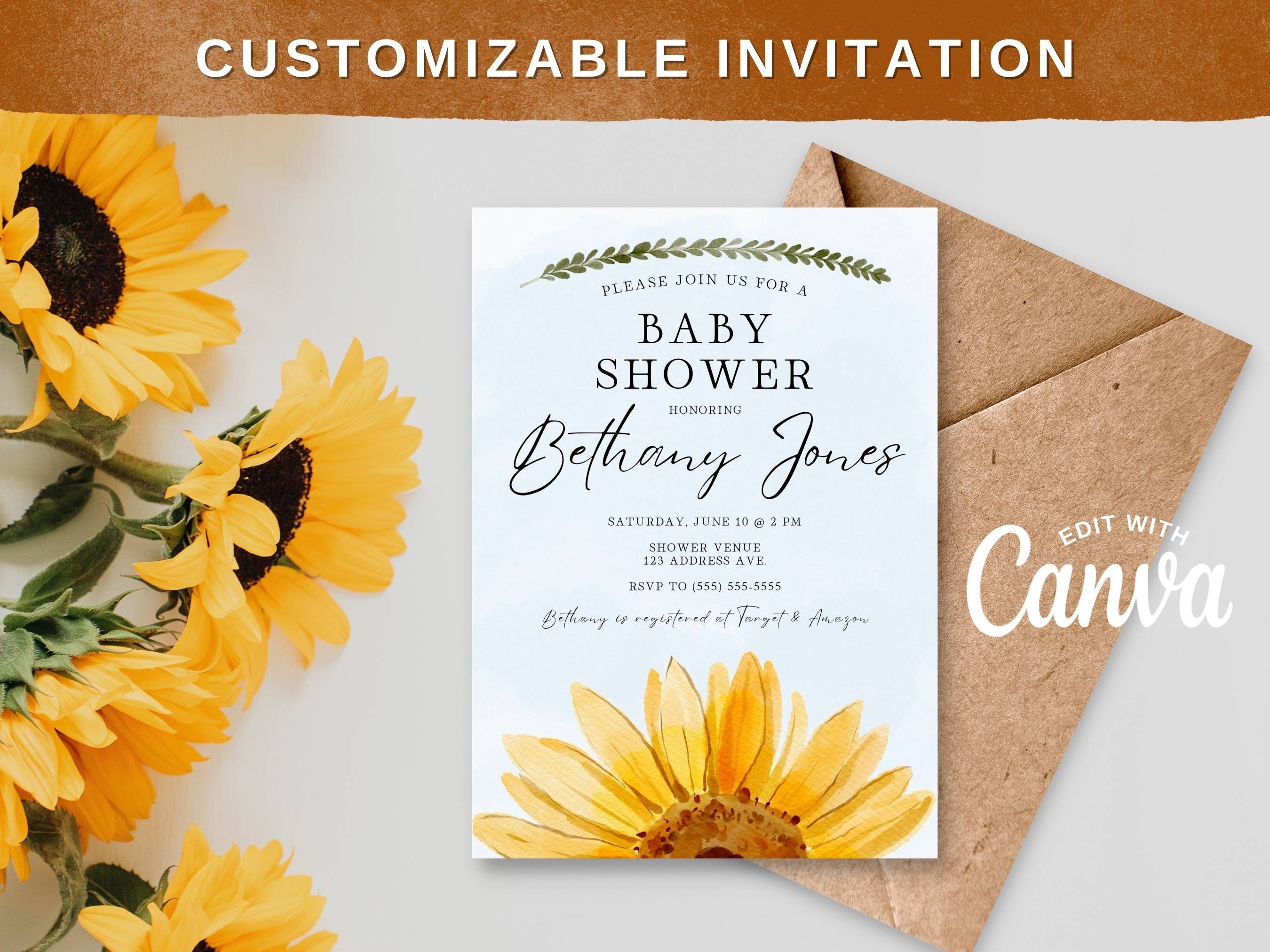 Editable Sunflower Baby Shower Invitation Sunflower Themed Baby Shower Customizable on Canva Digital Download