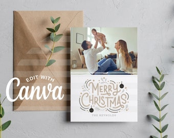 Tarjeta navideña neutra, personalizable, editable en Canva, descarga instantánea
