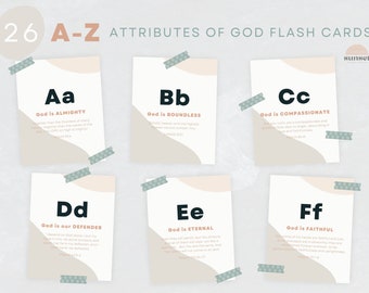 Boho ABC Atributos de Dios Flashcards, Tarjetas imprimibles del Carácter de Dios, Tarjetas de versículos de memoria de las Escrituras A-Z, Descarga digital