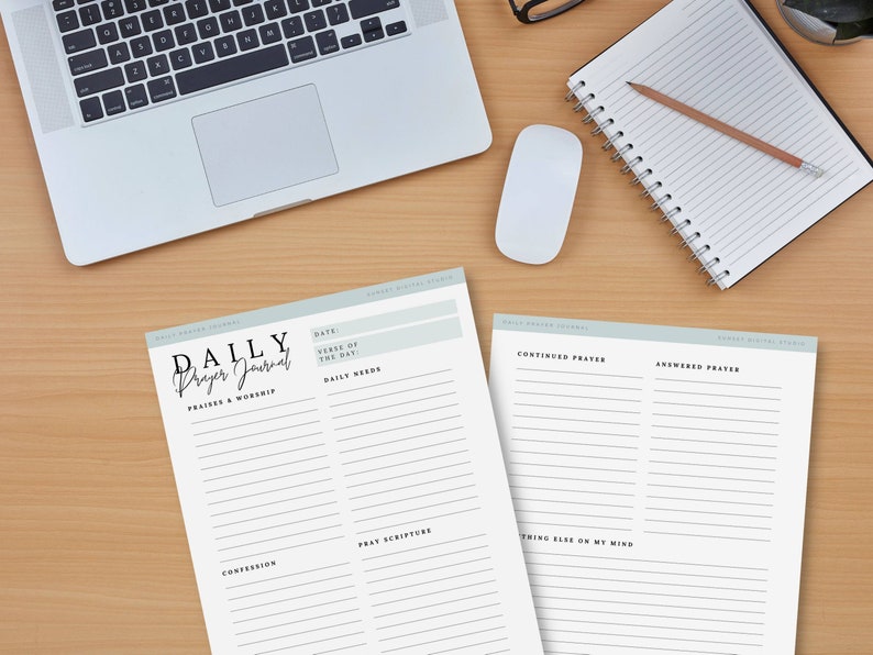 May include: A printable daily prayer journal with sections for praise and worship, daily needs, confession, pray scripture, continued prayer, answered prayer, and anything else on your mind.